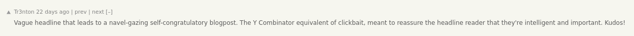 Snarky HN comment screenshot: “Vague headline that leads to a navel-gazing self-congratulatory blogpost. The Y Combinator equivalent of clickbait, meant to reassure the headline reader that they’re intelligent and important. Kudos!”